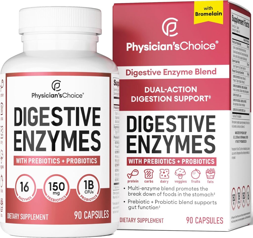 Physicians CHOICE Digestive Enzymes - Multi Enzymes, Bromelain, Organic Prebiotics  Probiotics for Digestive Health  Gut Health - Bloating  Meal Time Discomfort - Dual Action - All Diets - 90 CT
