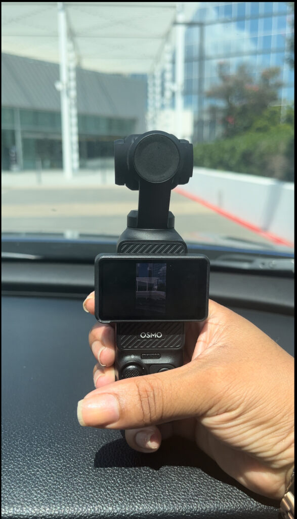 Close-up of DJI Osmo Pocket 3 with wide-angle lens and gimbal